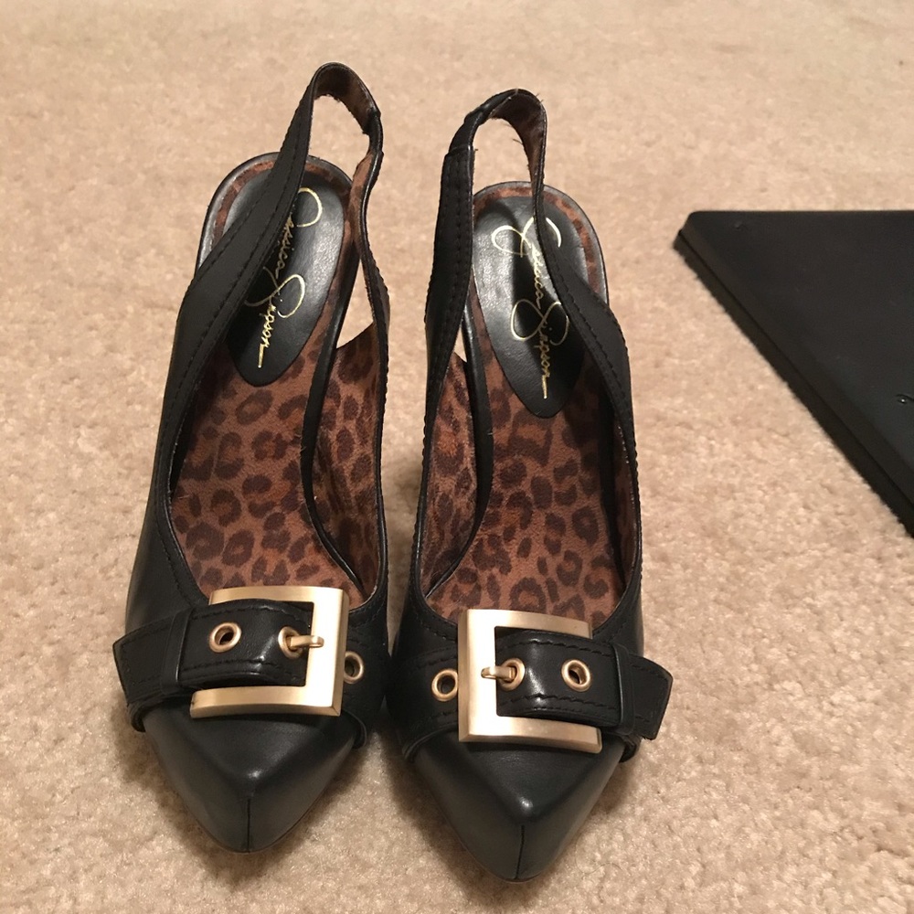 Jessica Simpson Black Pointed Slingback Heels with Gold Buckle